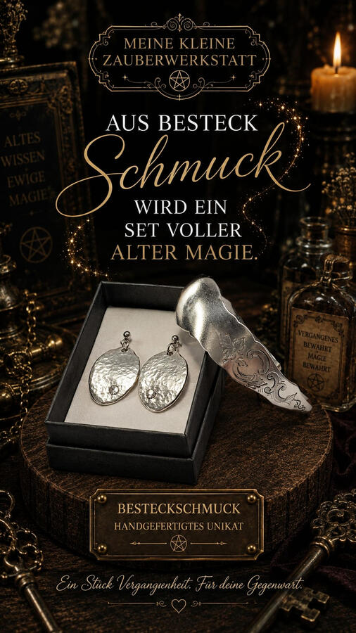 ✨ Manchmal braucht es nur einen kleinen Zauber… ✨ Aus einer alten Zuckerzange wurde ein Armreif – doch irgendetwas hat noch gefehlt… Also habe ich den Zauber weitergesponnen 💫 und aus dem gleichen Stück ein passendes Paar Ohrringe erschaffen. Gehämmert, Von der Zuckerzange zum Armreif und Ohrringen